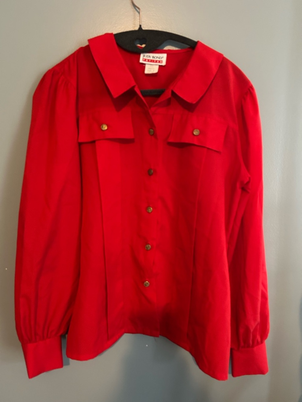 Vintage Red Long-Sleeve Button Front Blouse with Brass Buttons